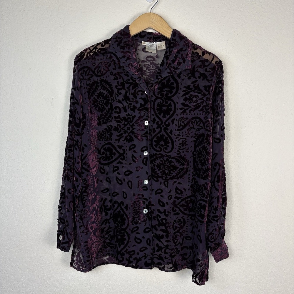 Vtg Plus Size 16 Silk Blend Velvet Tunic Maroon Burnout Long Sleeve Fairy Gothic
